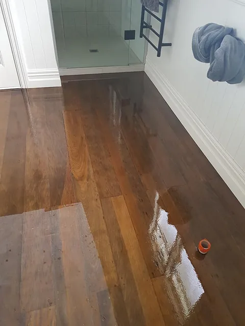Dark glossy floor in a hallway with a lighter repaired section let in near the doorway