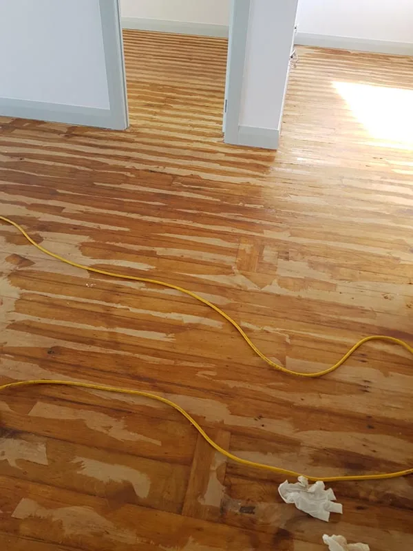 Timber floor with epoxy filler set into splits and gaps across the boards, ready to be sanded back