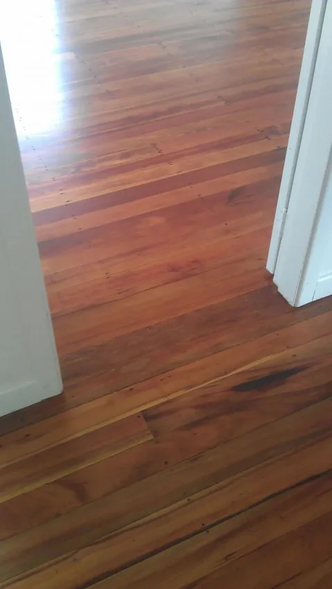 Warm red-brown timber floor with a deep gloss coat running through a doorway between two rooms
